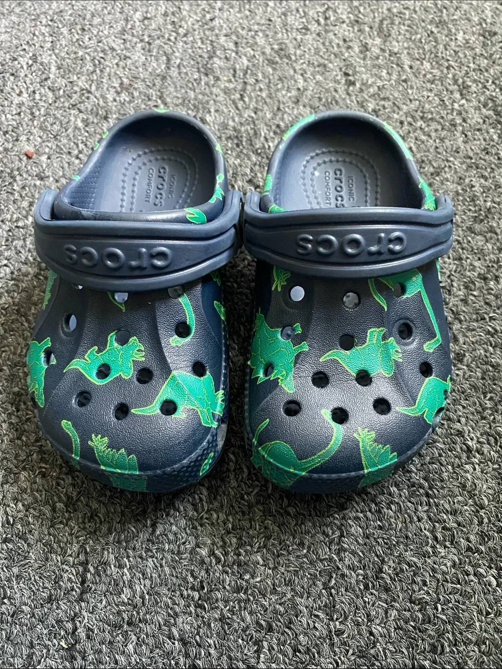 CROCS Navy Clogs with Bright Green Dinosaur Print